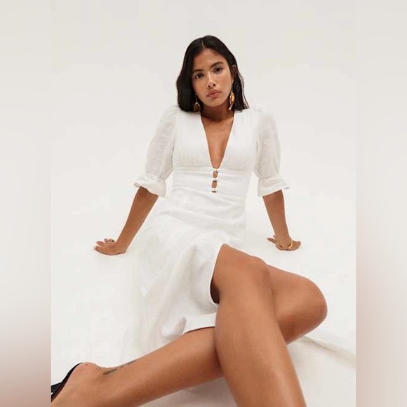 Reformation | Dresses | Reformation White Maribel Linen Dress Midi Dress  With Button Accents | Poshmark